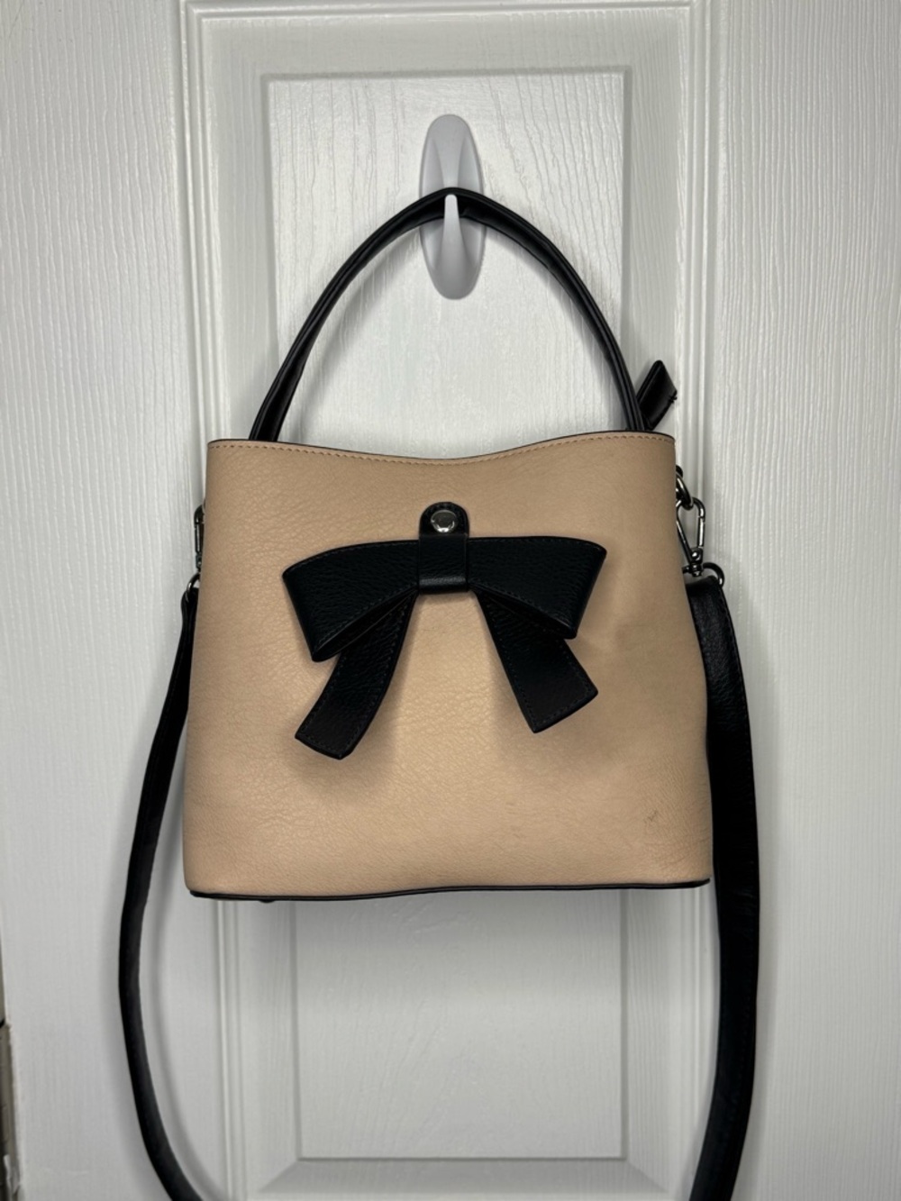 Small Beige Satchel with Black Bow - Versatile Top-Handle/Crossbody